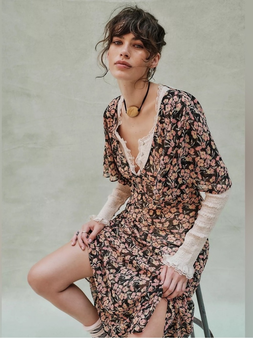 Free People Elisandra Midi Dress Floral Flutter V-neck Boho Vintage Inspired - Picture 3 of 9